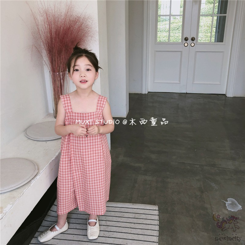 Bộ Áo Liền Quần Họa Tiết Sọc Caro Phong Cách Hàn Quốc Cho Bé Gái