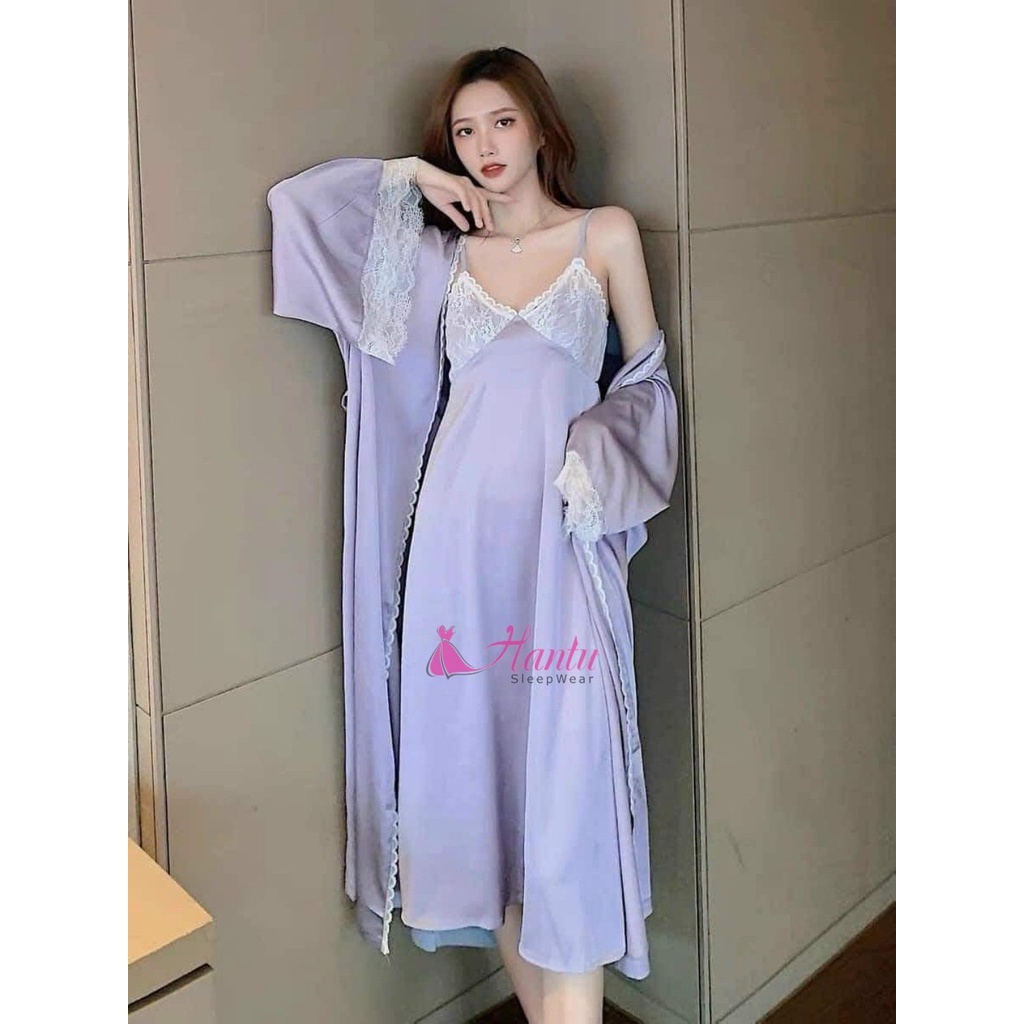 Set váy ngủ lụa kèm áo choàng dài phối ren Hantu Sleepwear size 40 -100kg màu xám lông chuột
