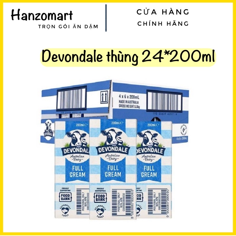 Sữa tươi Devondale full cream Úc (thùng 24 hộp 200ml)