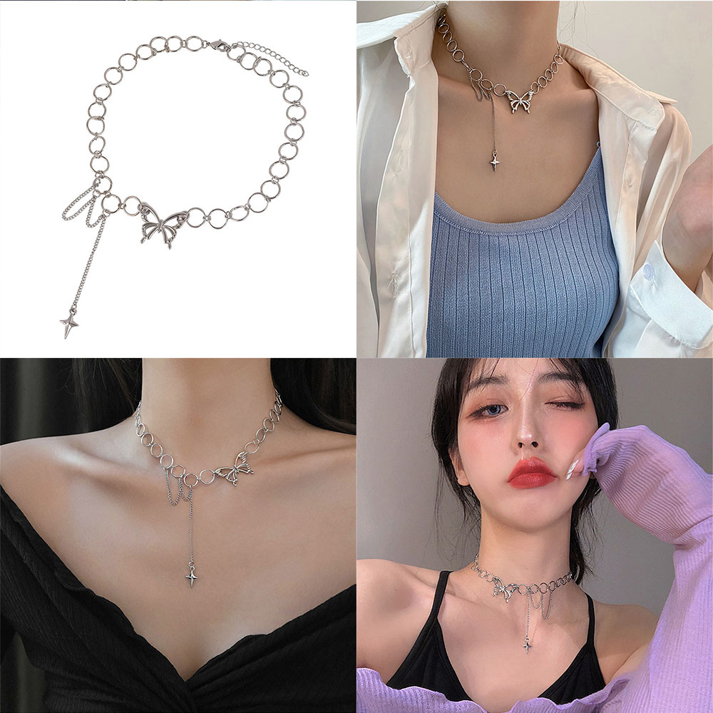 Vòng cổ khoen tròn phối mặt hình ngôi sao và bướm cá tính xinh xắn