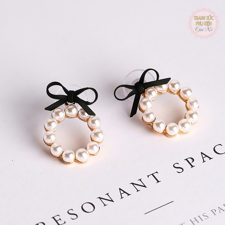 Bông tai vòng tròn hạt châu và nơ nhiều màu, thời trang Hàn cực xinh HT194