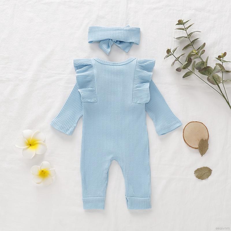 Bộ 2 Món Gồm Áo Liền Quần Bằng Cotton Tay Dài Màu Trơn + Băng Đô Cho Bé Gái