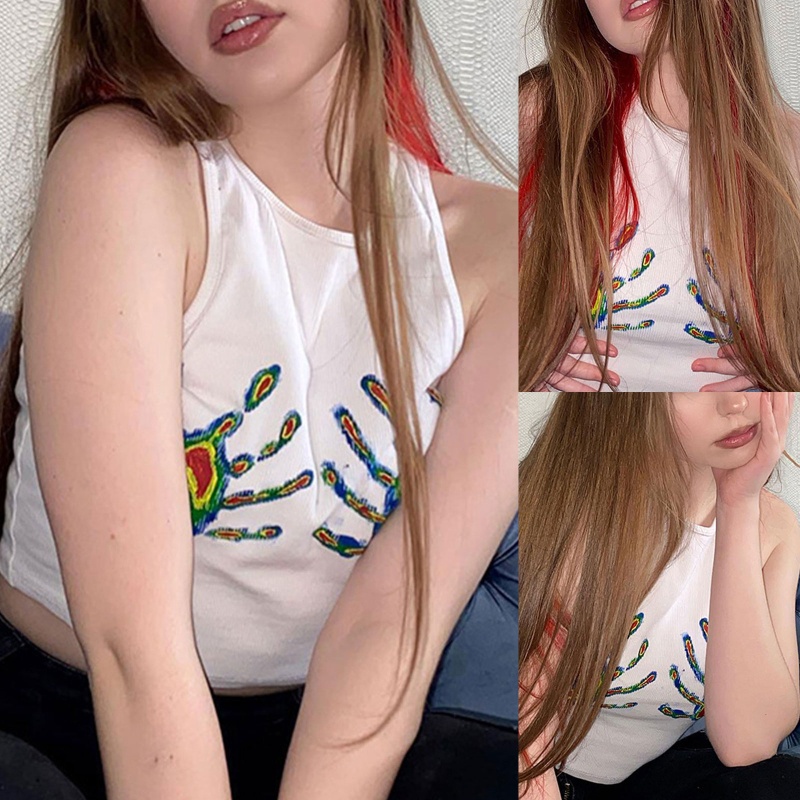 Brroa Áo Crop Top Dệt Kim Không Tay Có Gân In Hình Bàn Tay Phong Cách Harajuku Mùa Hè Cho Nữ