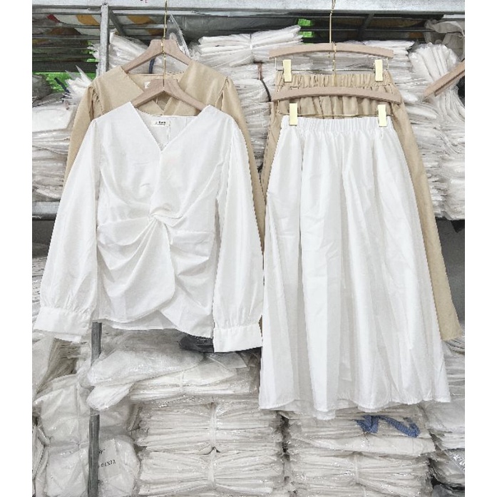SET429 Set áo sơmi dài tay xoắn kèm chân váy midi 2 lớp(KÈM ẢNH THẬT)