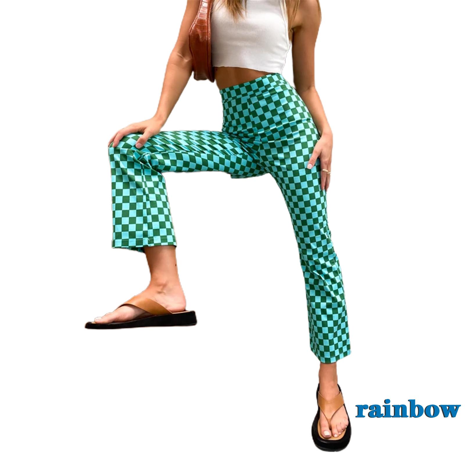 RAINBOW-Women Casual Skinny Pants, Classic High Waist Plaid Printed Slim Fit Flare Pants