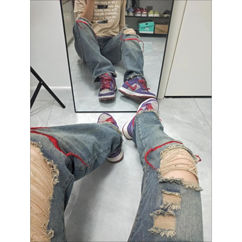 Quần jean ống rộng unisex rách phong cách đường phố | BigBuy360 - bigbuy360.vn