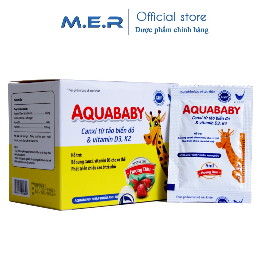 Siro Canxi từ Tảo  Aquababy Cho Bé phát triển chiều cao và thể chất - Hộp 20 gói x 5ml - Aquamin F nhập khẩu Anh Quốc