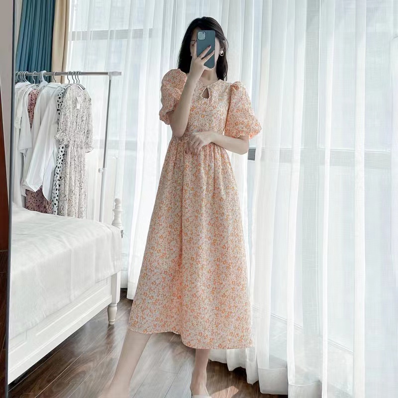 Đầm Dáng Chữ a Cổ Tròn Tay Phồng Đính Hạt Thời Trang Mùa Hè Phong Cách Hàn Quốc Mới