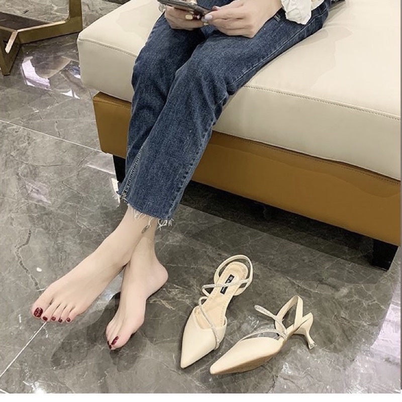 Giày cao gót nhọn 7p bít mũi dây xoàn chéo hông