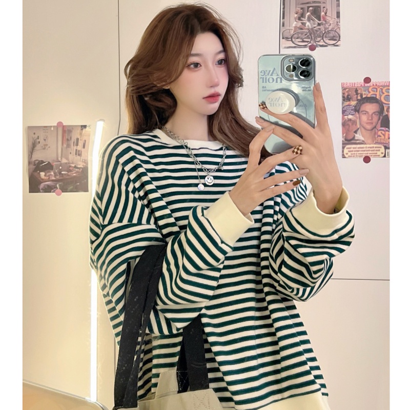 Áo nỉ cổ tròn dáng rộng kẻ sọc ngang 3 màu thời trang Hàn Quốc cho nữ | BigBuy360 - bigbuy360.vn