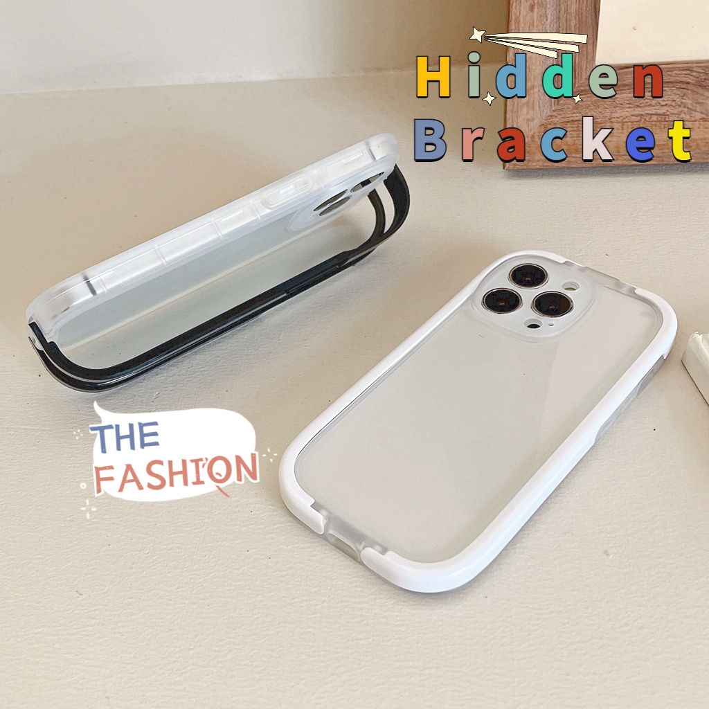 Ốp Điện Thoại Silicon Mềm Trong Suốt Viền Màu Có Giá Đỡ Cho iphone 14 7 8 plus 11 12 13 pro xs XR max Đen