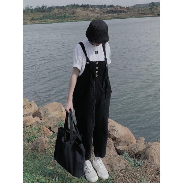 Quần Yếm Nhung Nữ - Halinh Shop - Yếm Nhung Dài Buộc Dây Cúc Dọc Hàn Quốc Mặc Thu Đông 2 Size S M