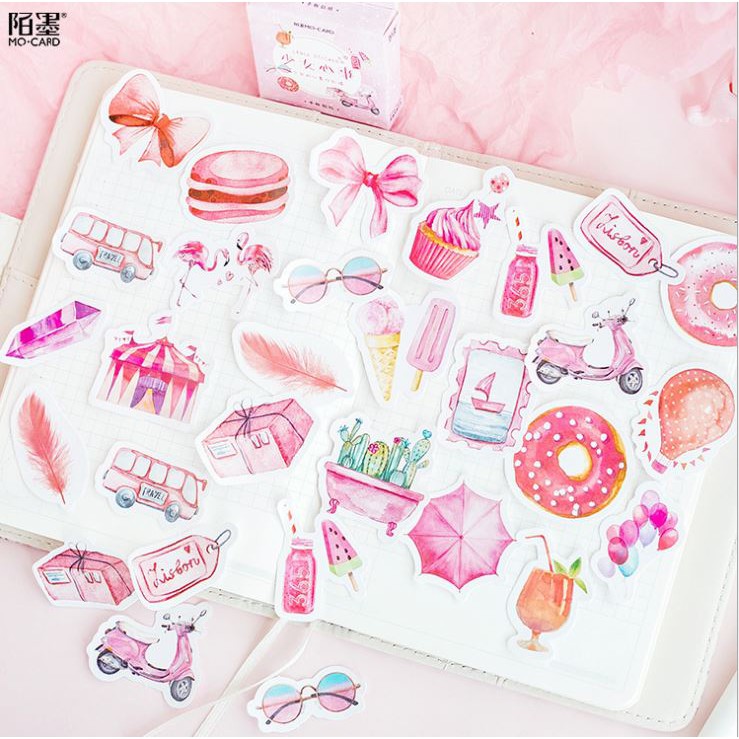 Bộ 46 Sticker Hàn Quốc Màu Hồng dán trang trí E13