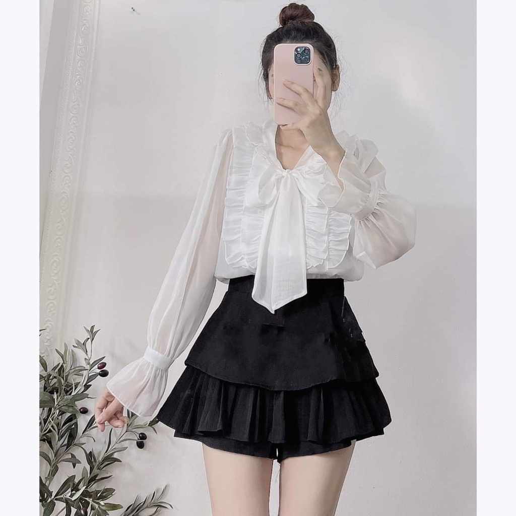 Áo sơ mi kiểu nữ bánh bèo dài tay công sở chất voan siêu xinh