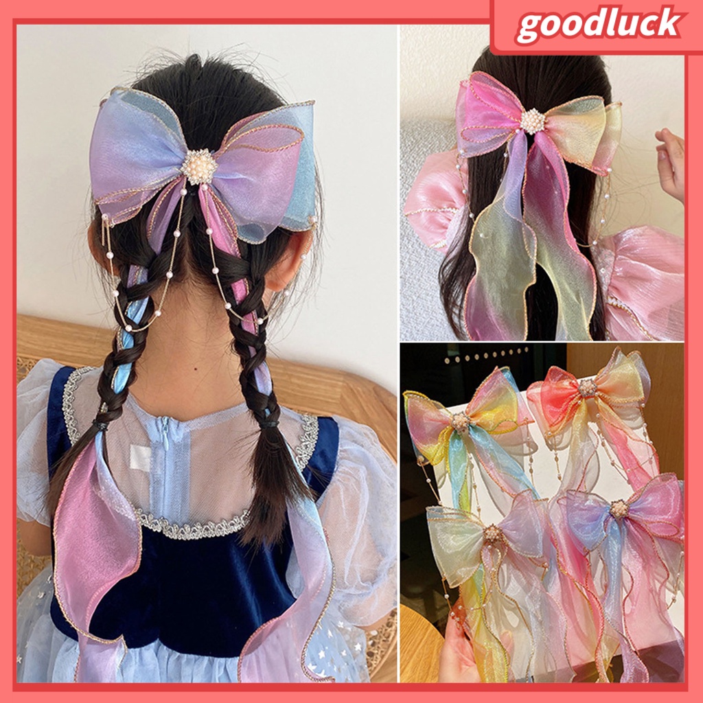 Kẹp Tóc Hình Nơ Đính Ngọc Trai Giả Màu Gradient Thời Trang Halloween