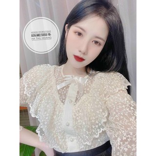 Áo voan nữ kiểu mỏng họa tiết nơ cổ - áo voan nữ đẹp dài tay