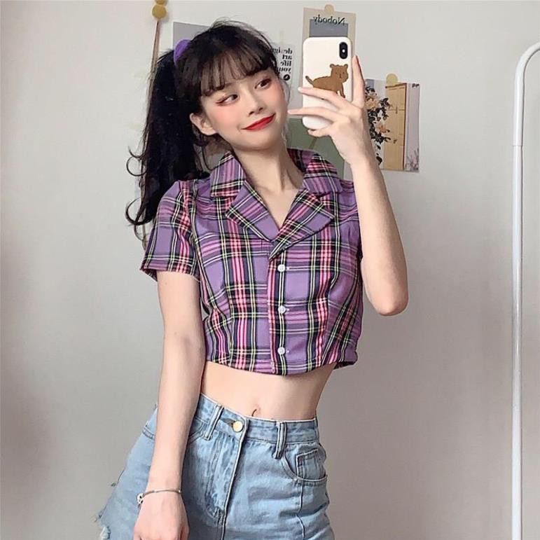 ÁO SƠ MI CROPTOP TAY NGẮN KẺ SỌC CARO THỜI TRANG CHO NỮ - CROPTOP CARO KẺ TÍM ĐEN ĐỎ HỒNG VÀNG XANH 🚀