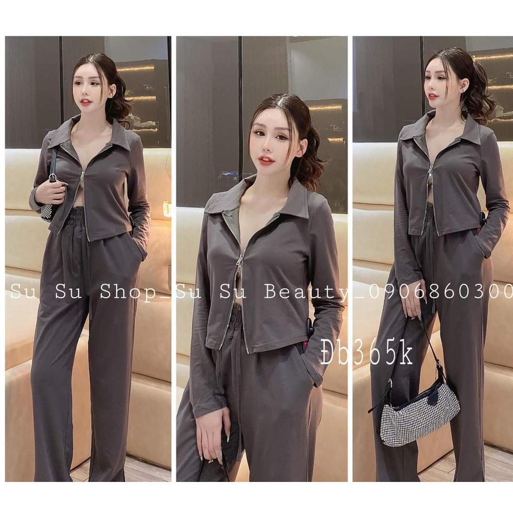 Set Bộ Thu Đông Có Khóa Dài Tay Len Tăm Quần ống Xuông