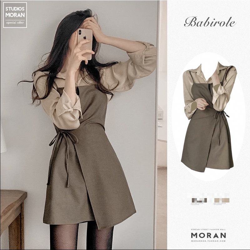 Váy yếm MORAN hai dây, thắt eo chéo tà xòe ngắn dáng A-line style công sở Hàn Quốc