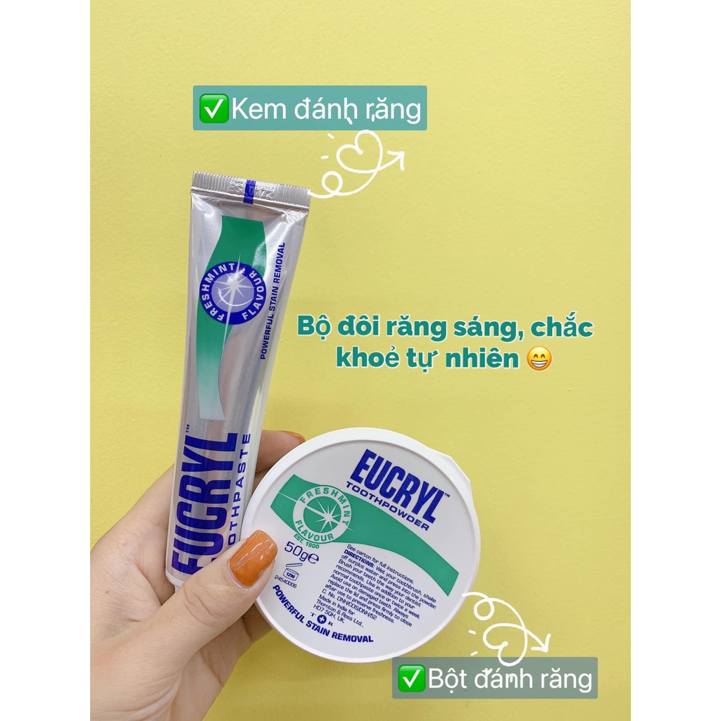 Combo Eucryl Bột đánh răng trắng sáng Toothpowder và Kem đánh răng trắng sáng Toothpaste tái tạo men răng