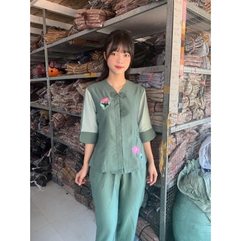 đồ bộ đi chùa #tim một nút vải linen cao cấp
