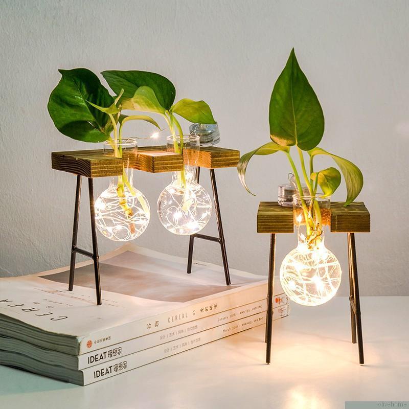 Lọ hoa thủy tinh kèm giá đỡ bằng sắt cao cấp dùng trang trí bàn làm việc