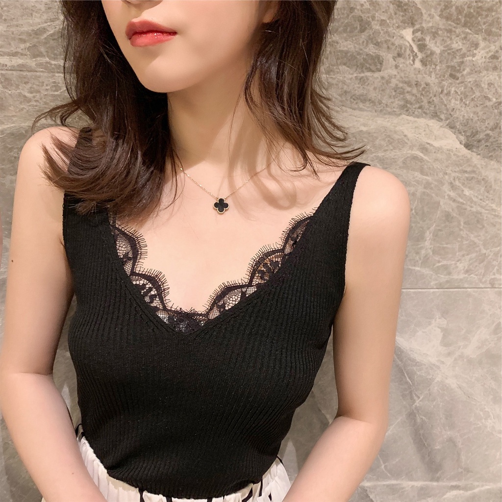 【ZHELIHANGFEI】 / Áo Hai Dây Dệt Kim Cổ Chữ V Màu Trơn Dáng Ôm Dễ Phối Đồ Cho Nữ