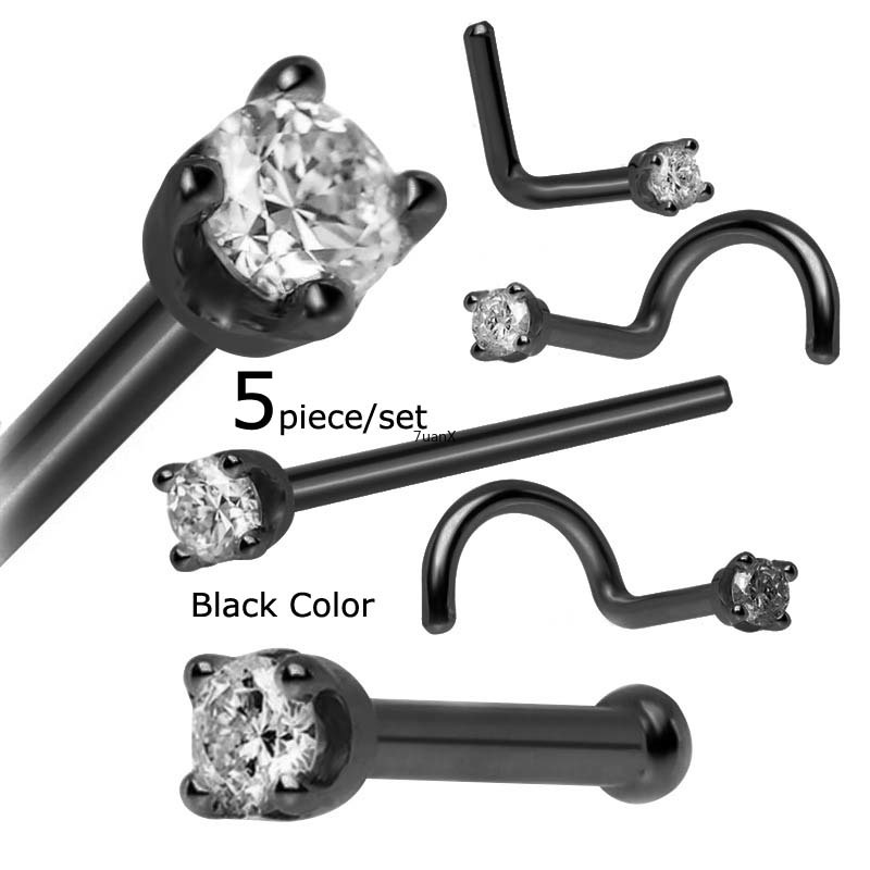 Set 5 Khuyên Mũi Thép Không Gỉ Đính Đá Zircon 20gauge
