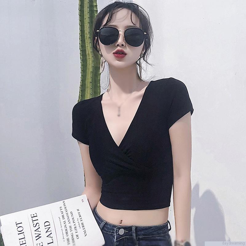 Áo Croptop Áo Thun Tay Lỡ Ngắn Tay Cổ Chữ V Quyến Rũ Thời Trang Cho Nữ