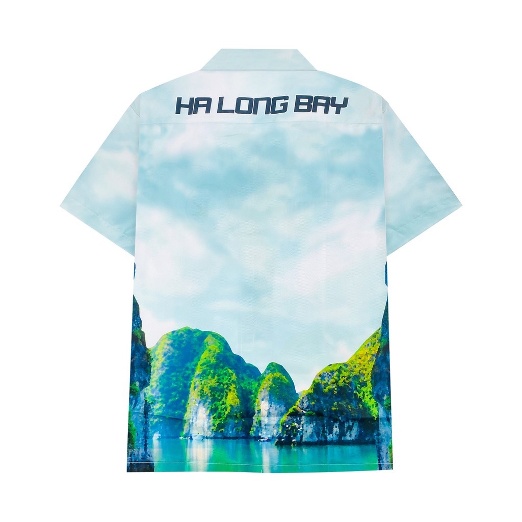 Áo sơ mi Hạ Long màu xanh local brand Destruction in hình hoạ tiết bầu trời và biển