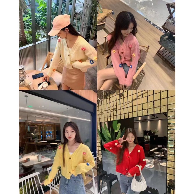 Áo Sweater Dài Tay Họa Tiết Hoa Ngọt Ngào Thời Trang 206345 Áo Khoác Dệt Kim Dáng Ngắn Phong Cách Hàn Quốc