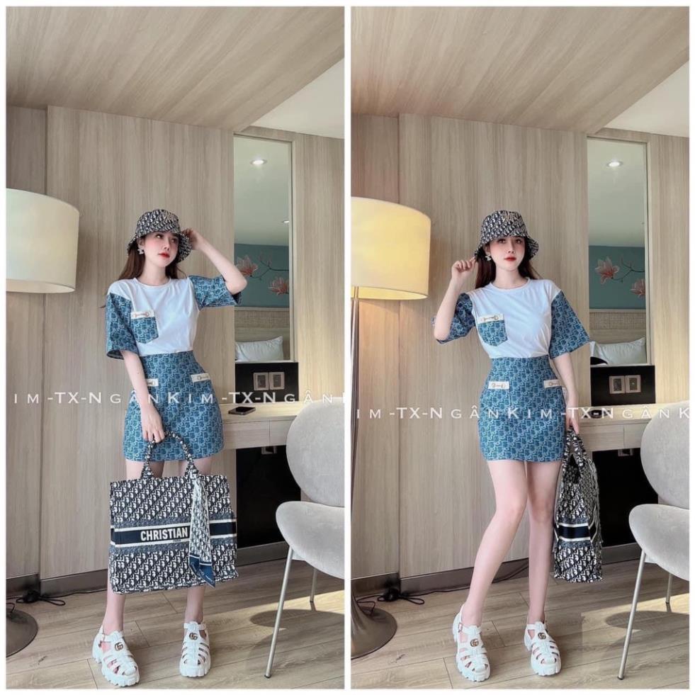 ✔ 𝗙𝗥𝗘𝗘 𝗦𝗛𝗜𝗣 SÉT ÁO CHÂN VÁY XANH HỌA TIẾT CHỮ