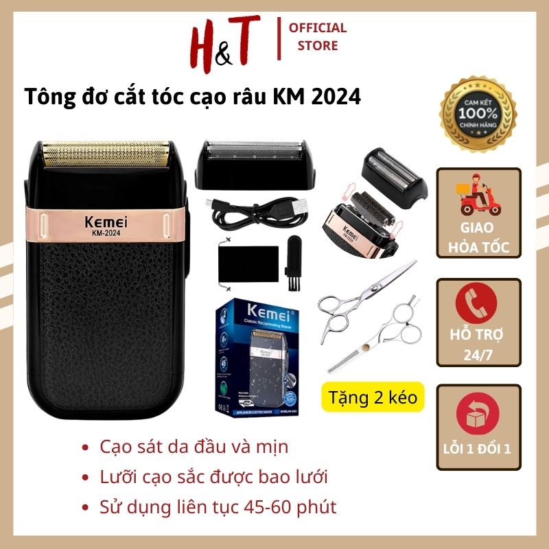 [Tặng 2 kéo] Máy cạo râu khô - Tông đơ cắt tóc chuyên nghiệp Kemei 2024 không dây sạc pin tiện lợi