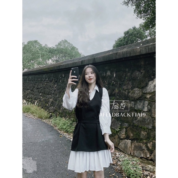 Set váy yếm xếp ly dài tay Tia19 . Đầm sơmi dáng xoè ulzzang