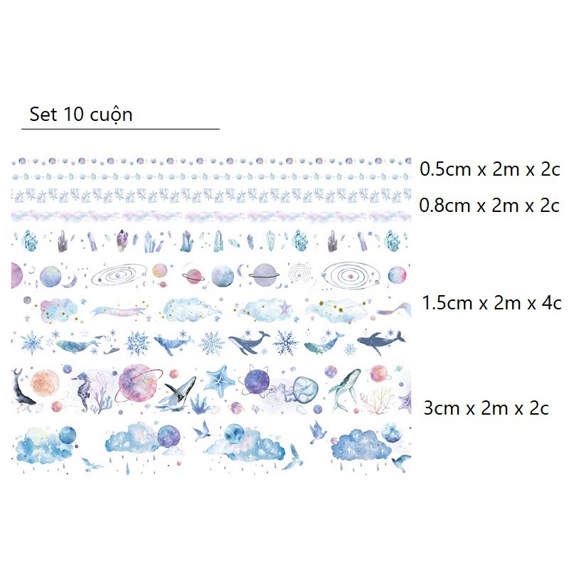 Set 10 cuộn băng dính washi tape trang trí planner WT2045