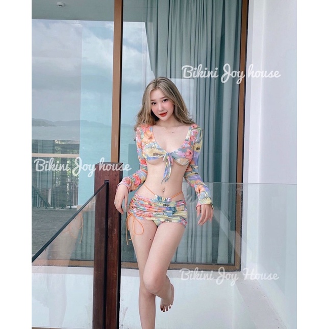 Đồ bơi nữ đi biển, Bikini tay dài 3 món hoa vintage quần lọt khe sexy