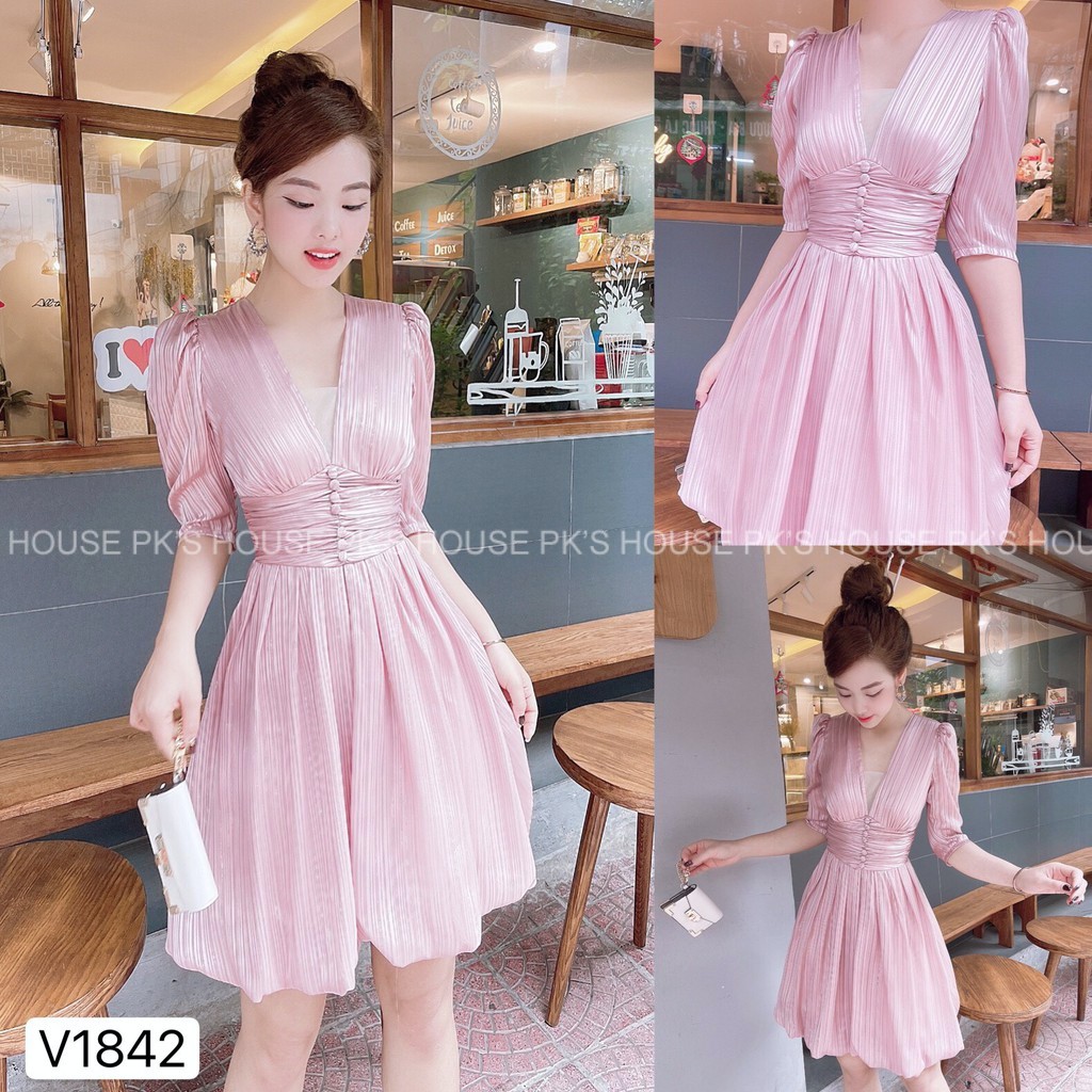 Váy Thiết Kế Dáng Xoè Ngắn Tay Lỡ Cổ V V1848, Đầm Thiết Kế Cao Cấp - PK Official | BigBuy360 - bigbuy360.vn