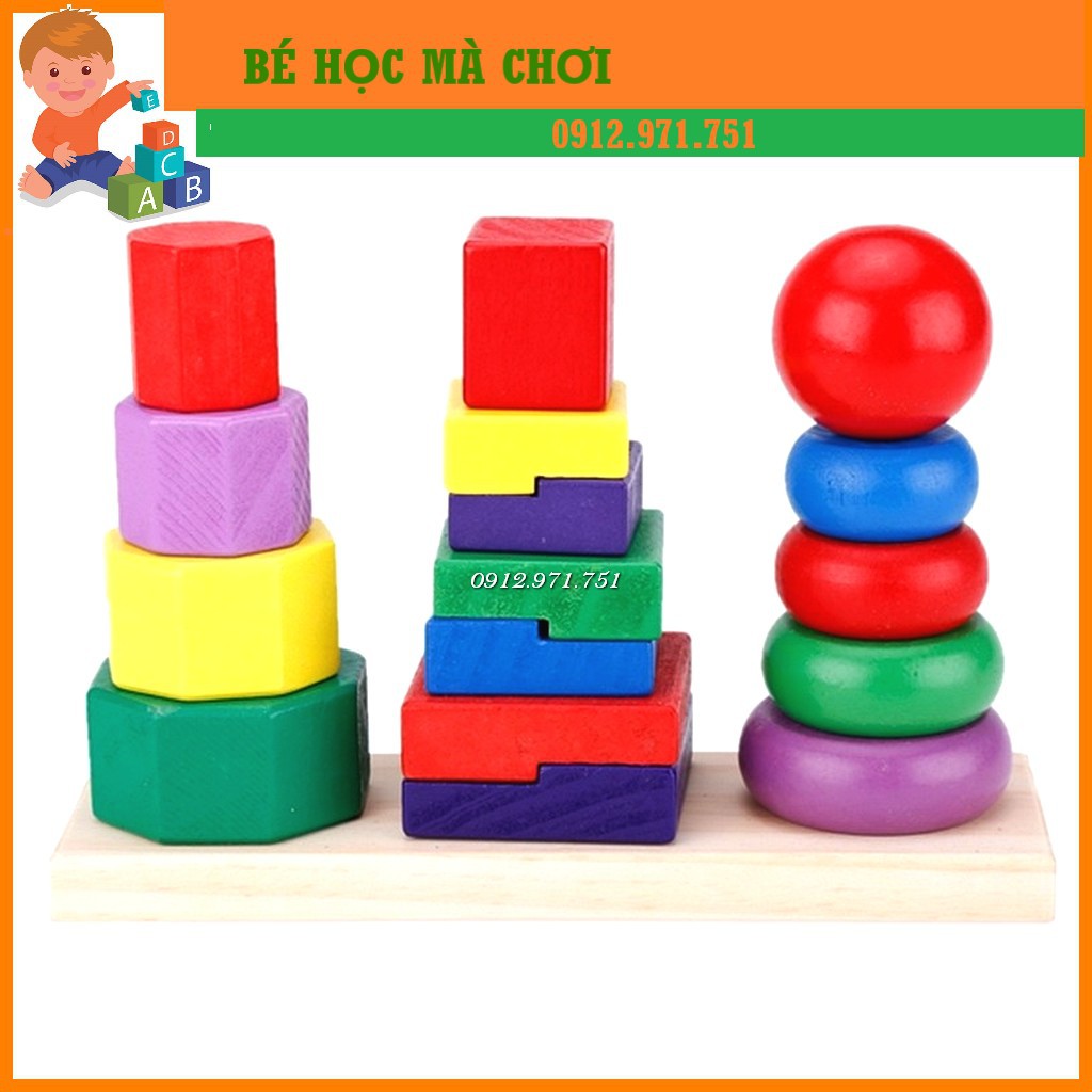 Tháp xếp chồng 3 cọc montessori| Đồ chơi an toàn phát triển trí tuệ