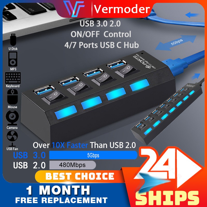 Bộ chia USB 3.0 2.0 4/7 Ports Splitter Bộ chuyển đổi Hub USB Hab tốc độ cao với công tắc Bật / Tắt