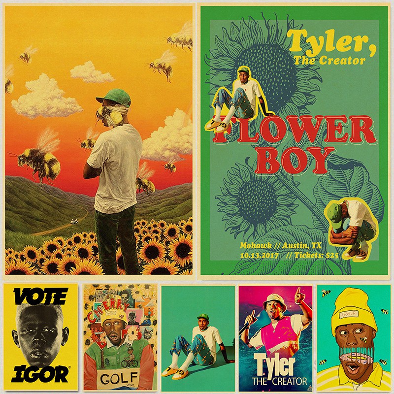 Miếng dán tường in hình ca sĩ Hiphop Tyler The Creator & chữ Flower Boy độc đáo trang trí nhà cửa