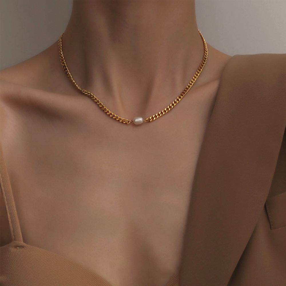 FORBETTER Women Necklace Simple Women Jewelry Pearl Choker Geometry Fashion Metal Freshwater Pearl Ladies Vintage Clavicle Chain/Multicolor