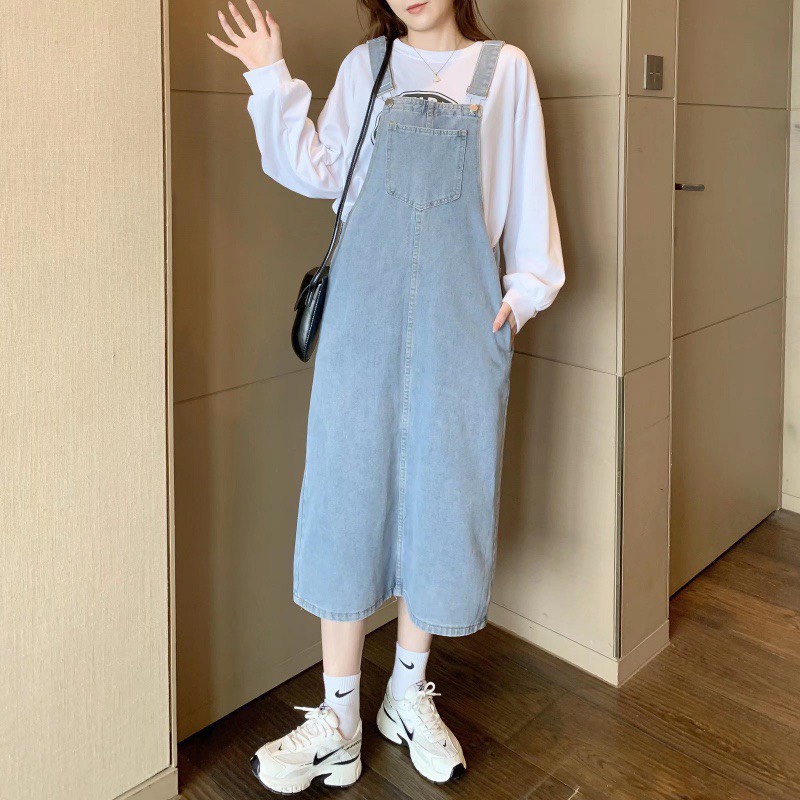 Yếm Váy Jean Nữ Dáng Dài Xẻ Sau Phong Cách Hàn Quốc .Váy Yếm Bò Nữ Dài Xẻ Sau.