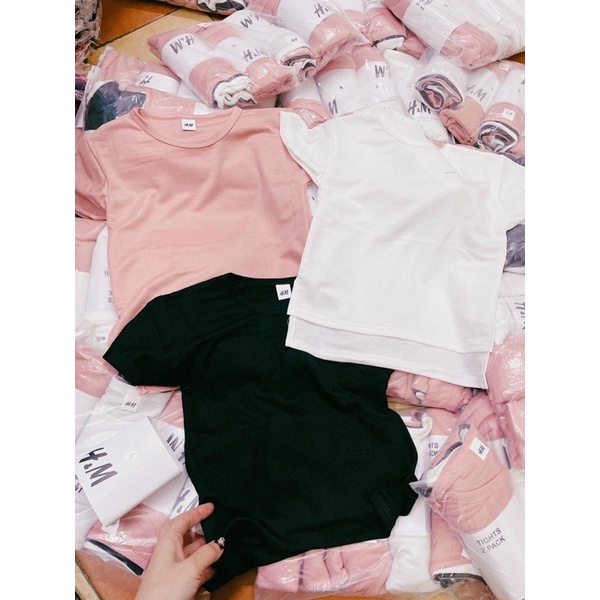 Sét 3 áo phông cotton trơn vạt lệch màu hồng trắng đen cho bé gái