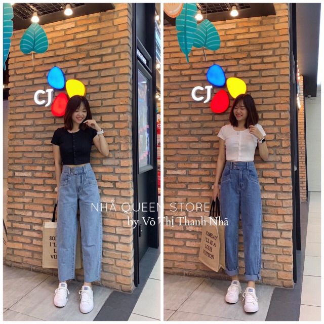 Quần baggy jeans cạp cao hai nút đôi túi mổ kèm ảnh thật | BigBuy360 - bigbuy360.vn