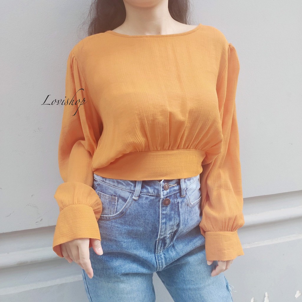 Áo croptop nơ sau tay dài nhiều màu Lovi