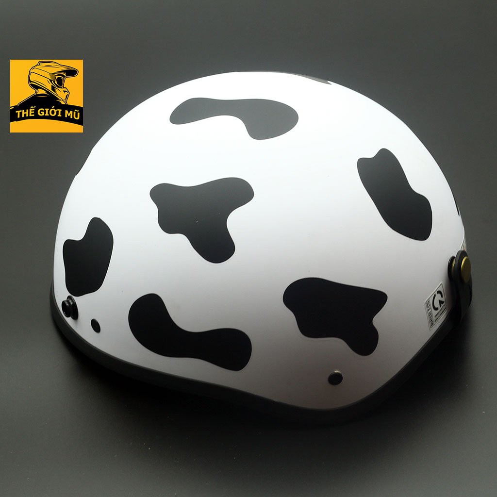 Mũ bảo hiểm bò sữa trắng đen nửa đầu kèm kính xinh xắn, free size nam nữ