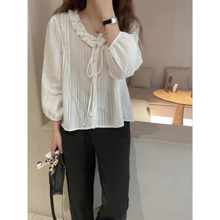 áo babydoll trắng tay bèo cổ ren A 207 freeship 50k
