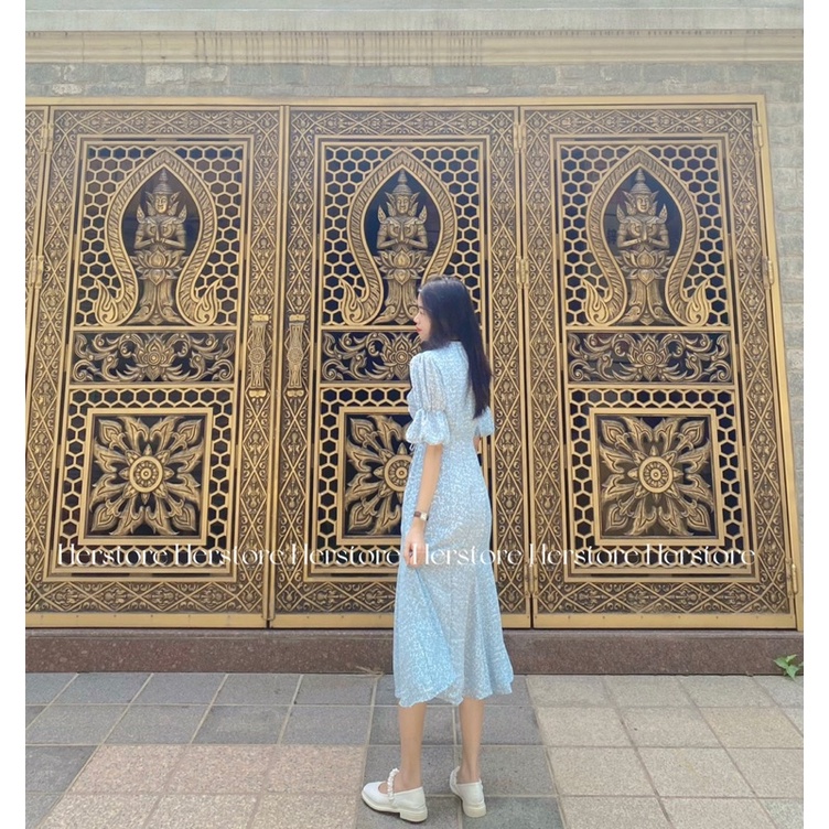 Đầm đuôi cá cổ V tay bồng _ Herstore