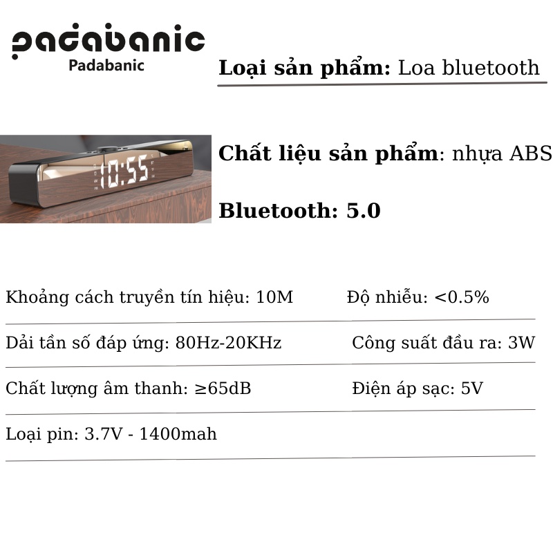 [Phiên Bản Mới] Loa Bluetooth Padabanic Kết Hợp Với Chức Năng Báo Thức Kép Mặt Kính Tráng Gương