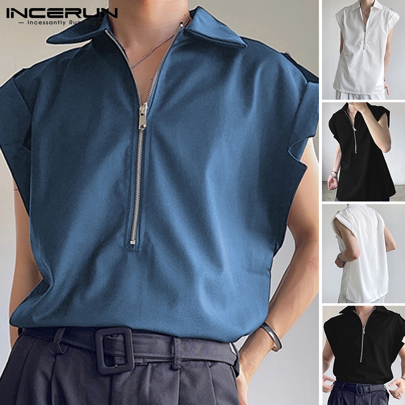 Áo sơ mi INCERUN sát nách màu trơn dáng rộng phối khóa kéo thời trang cho nam